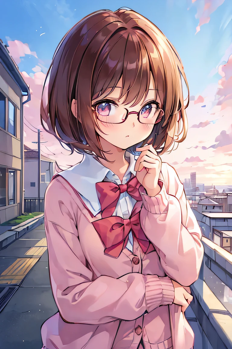 ((masterpiece)), ((best quality)), (ultra-detailed), ((kawaii)), cute, (lovely), illustration, anime style, dynamic angle, upper body, upper body focus, a cute girl, 1girl, solo, School rooftop, pastel pink cardigan, (beautiful eyes), brown eyes, beautiful Light brown hair, angled bob hair, red frame glasses, small breast, slim, slender, Confident expression.