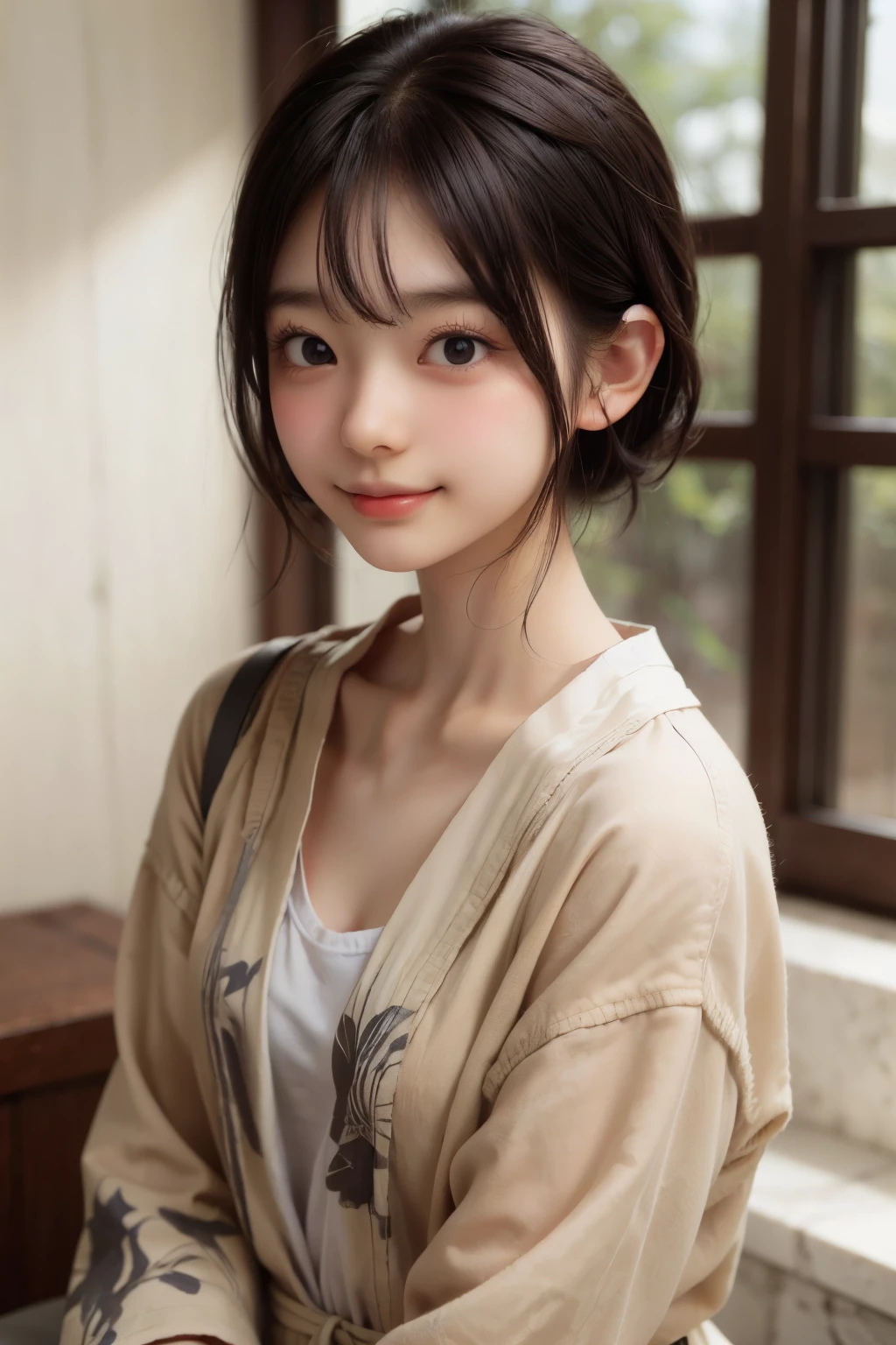 ((sfw: 1.4)), ((sfw, bathrobe, bony body, extra short hair, sidelocks-hair, smile, 1 girl)), ultra high resolution, (real: 1.4), RAW photo, highest quality, (photorealistic), focus ,Soft light,(()),((Japanese)),(((Young face))),(Surface),(Depth of field),Masterpiece,(Photoreal),Woman,Bangs,( (1 girl)