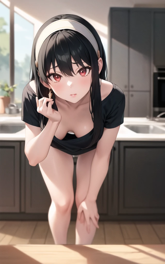 (masterpiece), (best quality), (beautiful eyes and face), (perfect female body), (shiny skin),
looking at viewer, cowboy shot,
1girl, solo, yor briar, black hair, long hair, red eyes,
,
white hairband, gold earrings, jewelry, (black tshirt), (cleavege)
lips seperated , mouth open
living room, facing viewer, large waist, thick thighs, thigh gap, (36year old woman), facing viewer, top down, leaning over, , leaning over viewer, leaning over kitchen table, over kitchen table, in te kitchen, ,  legs, oversized tshirt, downblouse, shirt covering , shirt covering waist
