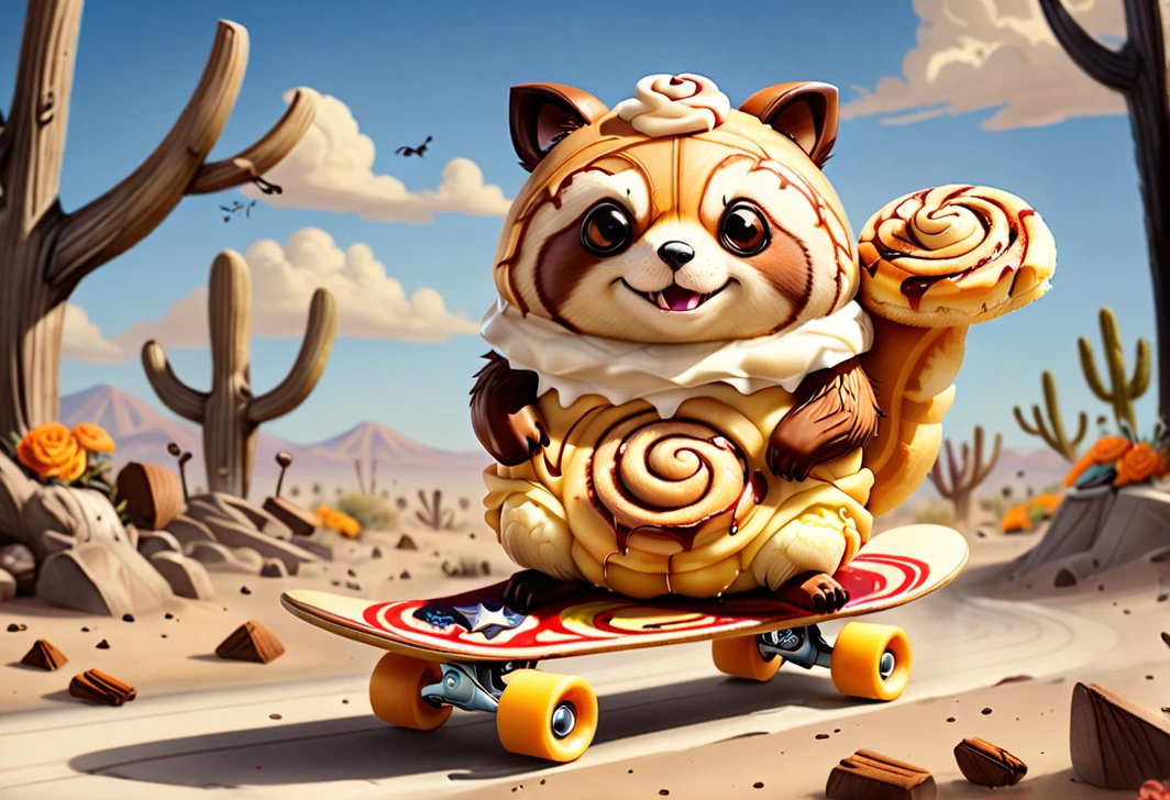 Cinnamon Rolls Crépe Tanuki riding Skateboard on Graveyard at Desert, Style of Hellper 