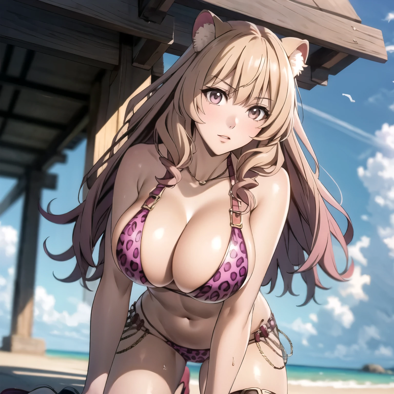 Raphtalia woman 24 years old straight golden blonde hair, orejas de oso, ojos rosados, piel morena, big breasts pink leopard print bikini, primer plano enfoque en su rostro.,  primer plano de su rostro, primer plano.
