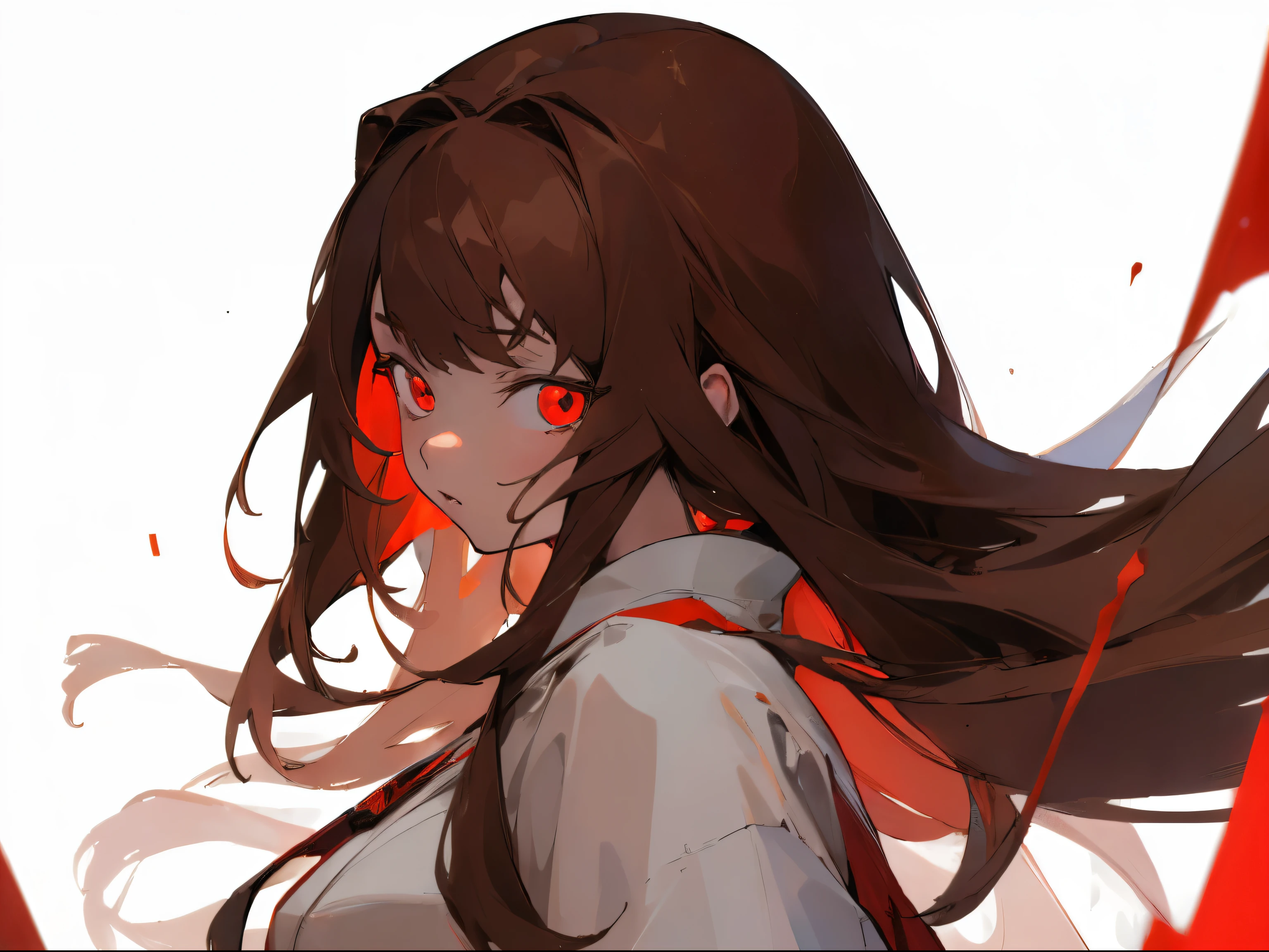 [(white background:1.5),::5], ((((masterpiece)))), high quality, ultra high resolution, full color, (((alone))), ((girl)), long hair, ((brown hair)), glowing red eyes, japanese cartoon movies, upper body, upper body, red energy, character in the center,