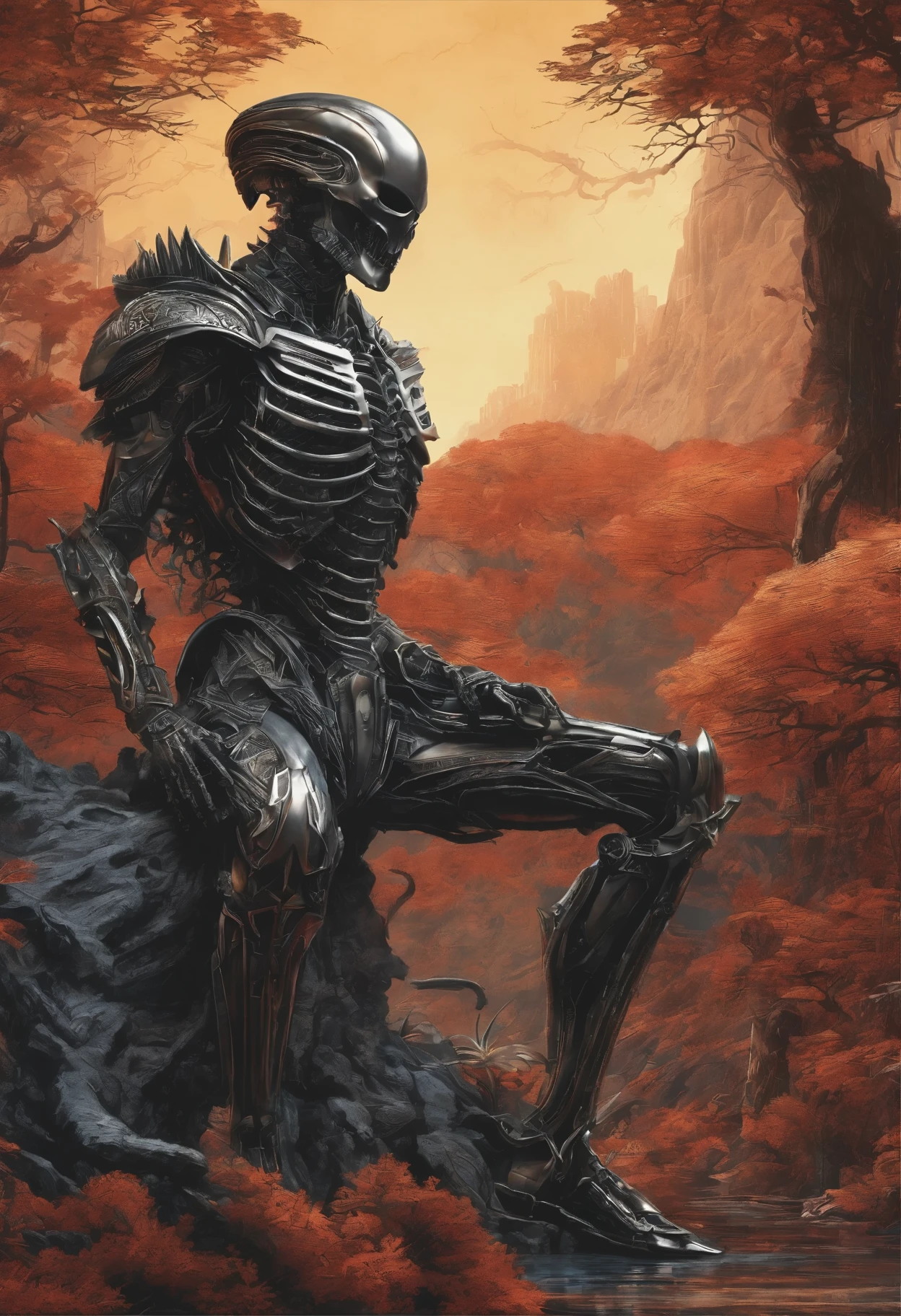 there is a skeleton with cloak that is sitting in a forest, movie still of a alien cyborg, endoskeleton, giger's biomechanical xenomorph, terminator skeleton, noriyoshi ohrai masterpiece, stan winston, by Noriyoshi Ohrai, stephen youll, cyber skeleton, portrait of a cyber skeleton, giger ’ s xenomorph hyper-realistic portrayal of a homeless draped in a striking black cloak, standing amidst a landscape of rugged terrain. Render every fold and texture of the fabric with meticulous detail, capturing the interplay of light and shadow as it cascades over the knight's form. The armor should gleam with a lustrous sheen, reflecting the surrounding environment with stunning clarity. Incorporate subtle imperfections and weathering to add depth and authenticity to the scene, immersing the viewer in a world where every scratch and scuff tells a story of battles fought and victories won. This hyper-realistic depiction should transport viewers to a realm where the line between fantasy and reality blurs,