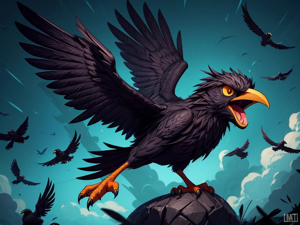 (angry,crow,territory:1.1),(chasing,cat:1.1),(illustration,sketch),fierce looking,triumphant,clawed wings,black feathers,sharp beak,animated eyes,flared nostrils,determined stance,vibrant colors,high contrast lighting,dynamic motion,ominous atmosphere