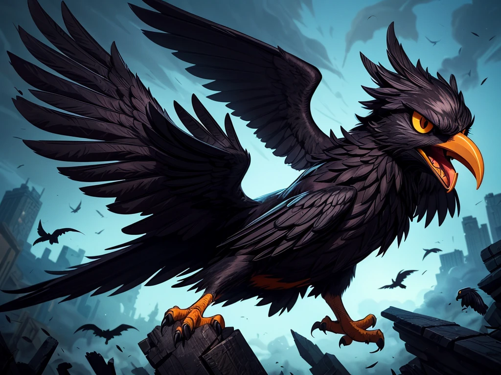 (angry,crow,territory:1.1),(chasing,cat:1.1),(illustration,sketch),fierce looking,triumphant,clawed wings,black feathers,sharp beak,animated eyes,flared nostrils,determined stance,vibrant colors,high contrast lighting,dynamic motion,ominous atmosphere