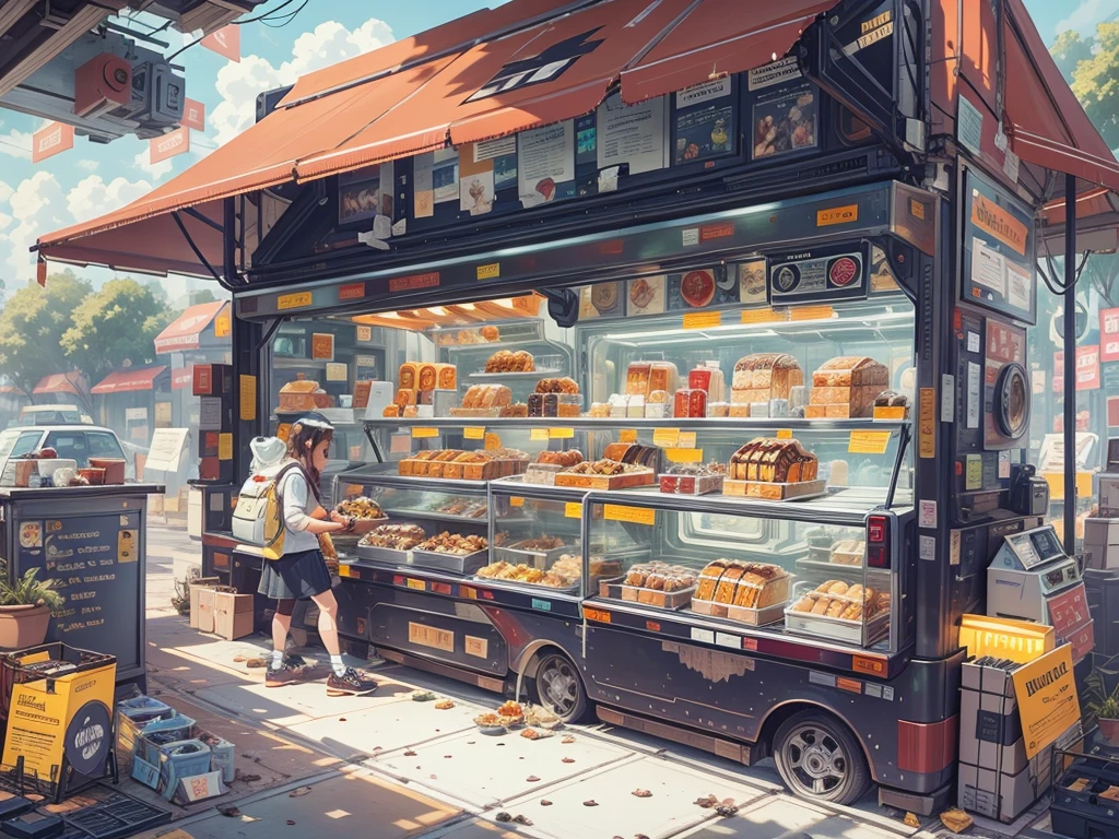 1 food truck, A girl selling breakfast, Morning, LED light, Color LED, Sandwiches, drinks, Menus, Breakfast 5 euros, 製作Sandwiches