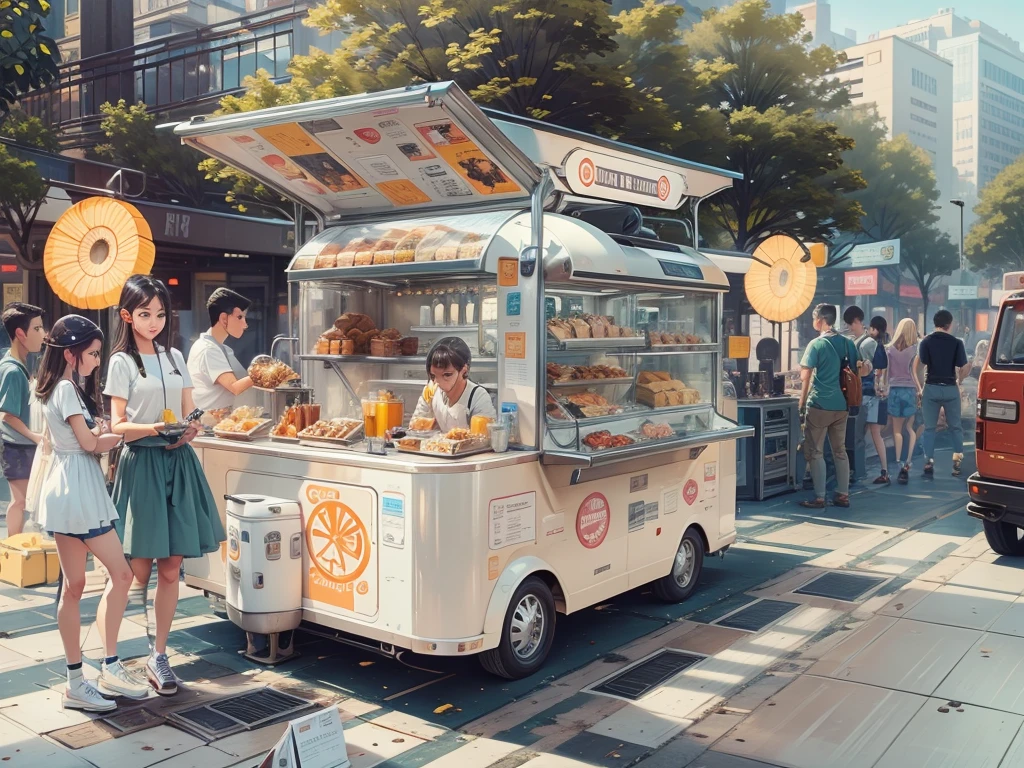 1 food truck, A girl selling breakfast, Morning, LED light, Color LED, Sandwiches, drinks, Menus, Breakfast 5 euros, 製作Sandwiches