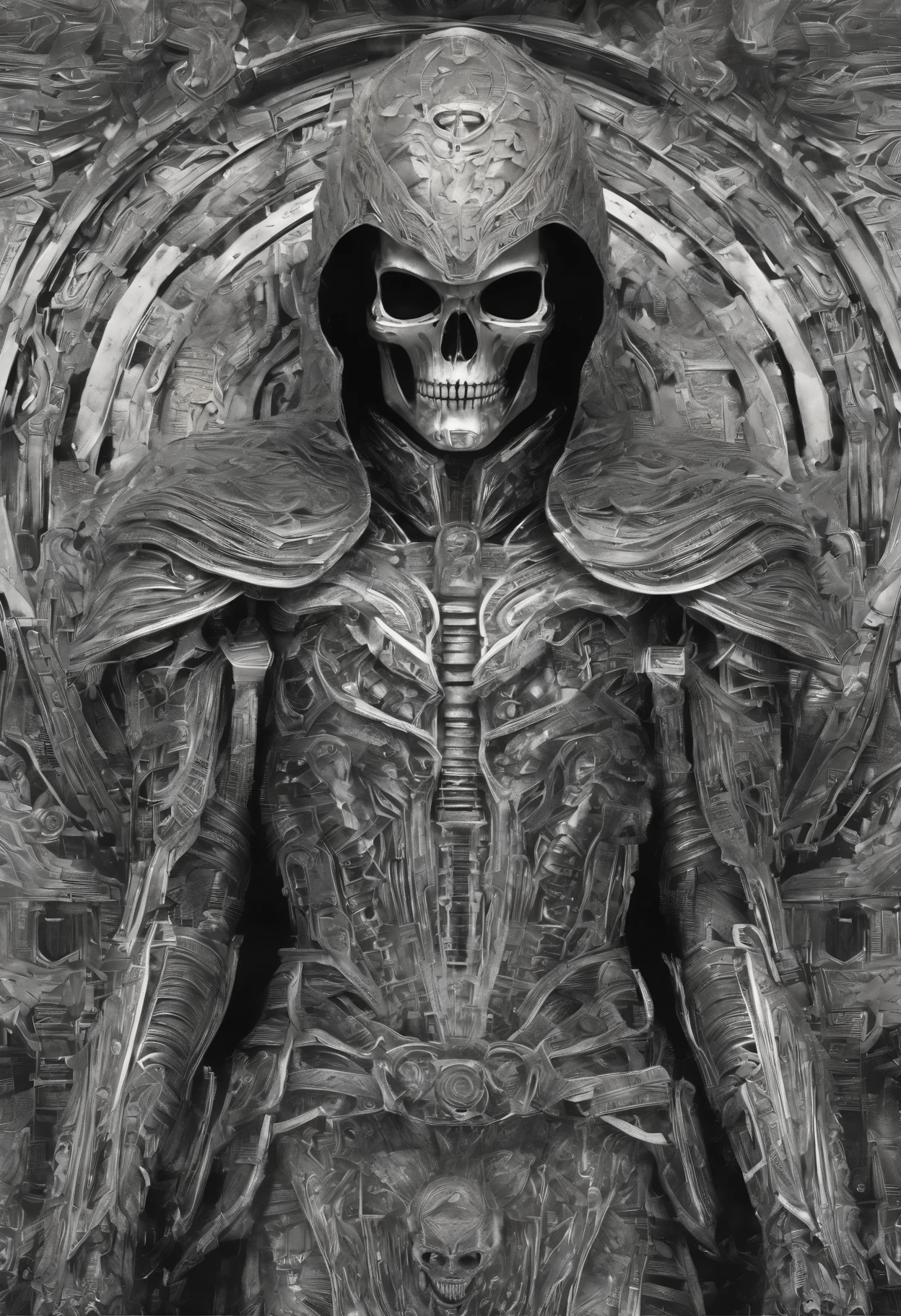 there is a skeleton with cloak that is sitting in a forest, movie still of a alien cyborg, endoskeleton, giger's biomechanical xenomorph, terminator skeleton, noriyoshi ohrai masterpiece, stan winston, by Noriyoshi Ohrai, stephen youll, cyber skeleton, portrait of a cyber skeleton, giger ’ s xenomorph hyper-realistic portrayal of a homeless draped in a striking black cloak, standing amidst a landscape of rugged terrain. Render every fold and texture of the fabric with meticulous detail, capturing the interplay of light and shadow as it cascades over the knight's form. The armor should gleam with a lustrous sheen, reflecting the surrounding environment with stunning clarity. Incorporate subtle imperfections and weathering to add depth and authenticity to the scene, immersing the viewer in a world where every scratch and scuff tells a story of battles fought and victories won. This hyper-realistic depiction should transport viewers to a realm where the line between fantasy and reality blurs,