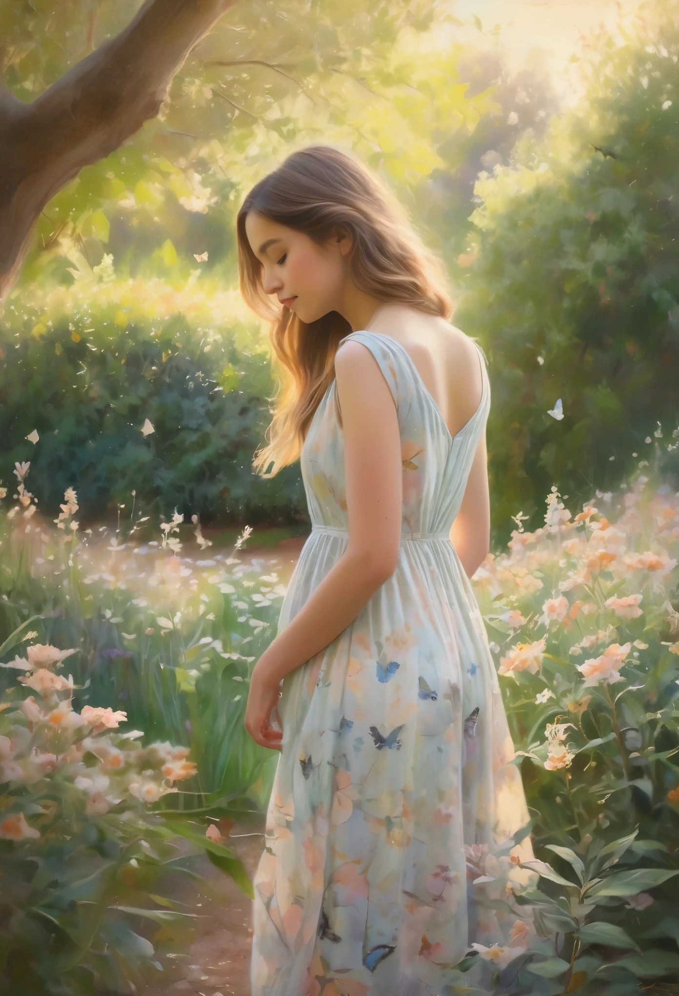 a girl in a garden,soft pastels,serene atmosphere,natural beauty,dreamy,impressionist style,warm color tones,dappled sunlight,butterflies dancing,delicate flowers,birds chirping,slender figure,flowing dress,nurturing perspective,harmonious composition,subtle brushstrokes,implied movement,calming presence,majestic trees,whispering breeze,sparkling dewdrops,serendipitous moments