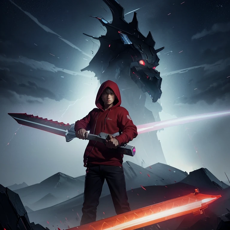 Masterpiece, a man wearing a red hoodie and holding an lighning element sword in his left hand and he has red eyes, the atmosphere around him is a rainstorm ,night