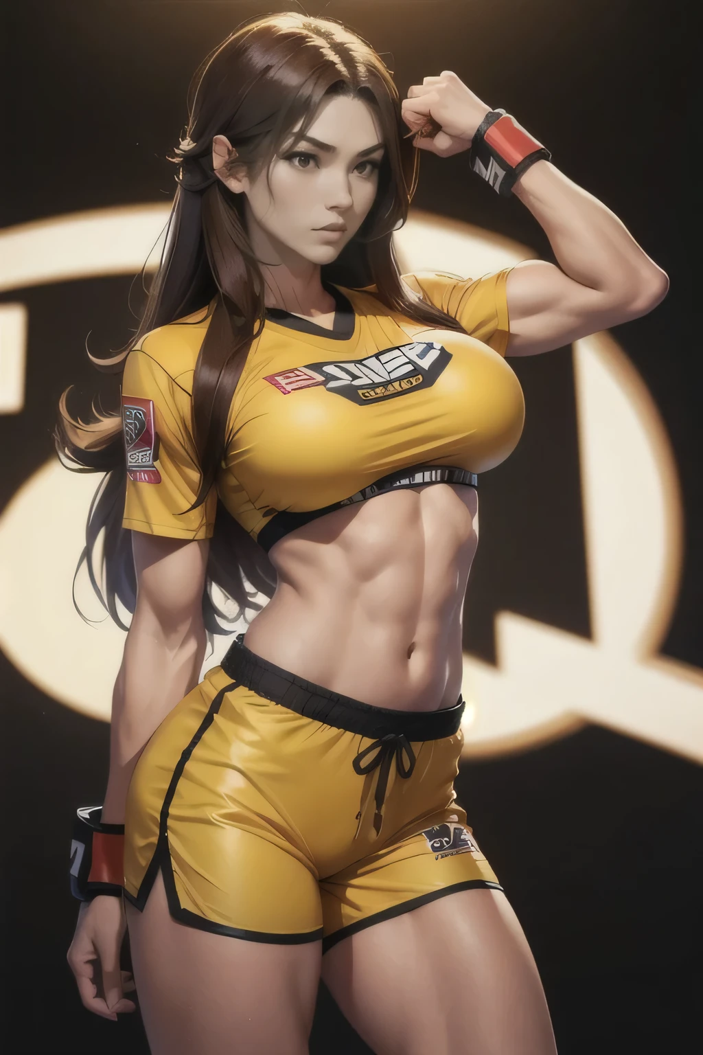 A woman, Japanese, brown long hair, dressed as a fighter, MMA, tall girl, muscular, yellow uniform, big breast, loose hair, covert in sweet, shorts, loose hair