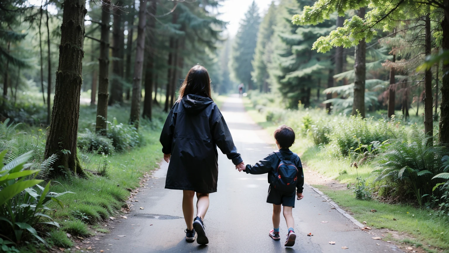 Little girl and little boy walking hand in hand in the woods in the early morning
