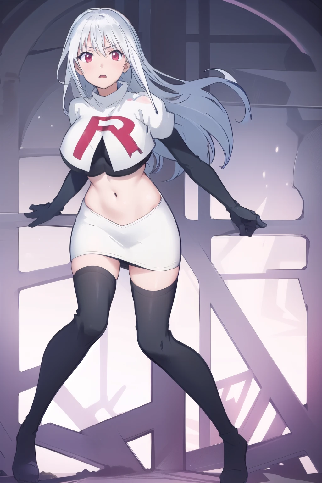 (masterpiece, best quality:1.2),illustration,8k,hd,1girl,solo,very_long_hair,large_breasts,red_eyes,white_hair,zettai_ryouiki,team rocket,team rocket uniform,white skirt,red letter R,crop top,black thigh-highs,black elbow gloves
