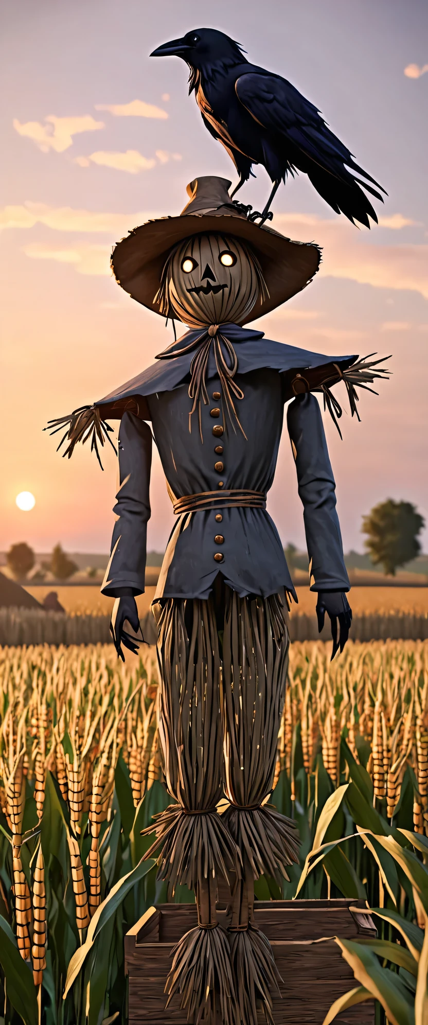 long shot, ((crow standing on a scarecrow full body:1.7)), in a corn field, the scarecrow is wearing a hat and field clothes:1.4,((best quality)), ((masterpiece)), (body and highly detailed face: 1.6), 3D, Beautiful, unreal engine: 1.4, CG K ultra realistic, photorealistic: 1.4, skin texture: 1.4, (((sunset))) ,(( perfect and sharp image:1.6)) , 32k