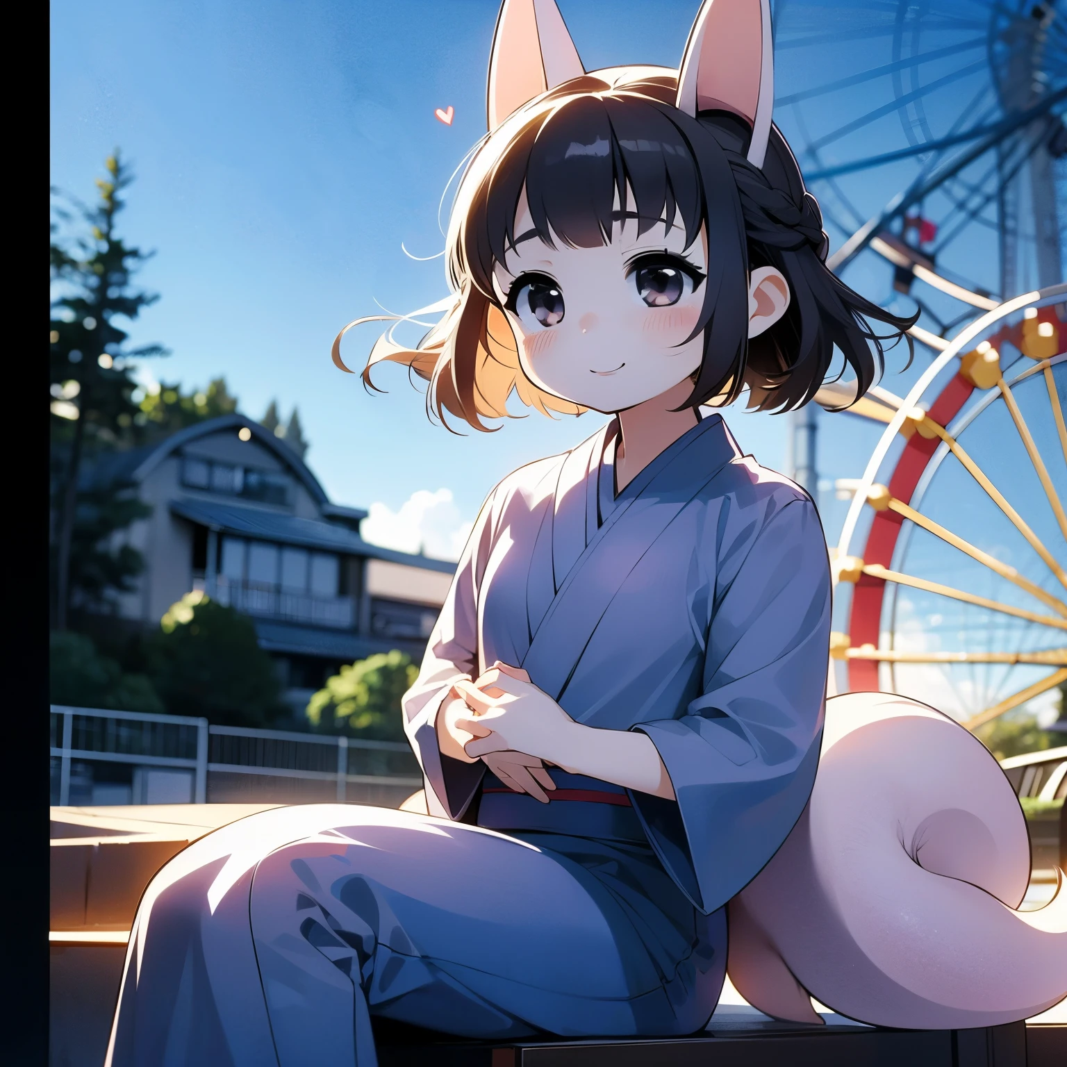 (One Japan Girl)、masterpiece, 最high quality, high quality, High precision,Highly detailed 8K wallpaper、Innocent、minimum、(Family Date)、(amusement park)、(Ferris wheel)、Morning Fun、cutedaughterたち、one piece、yukata、hold hands、(smile)、My arm is grabbed、sit on the seat、defenseless、cuteイカ腹、Innocence、Innocence、cute顔、cute、heart、thin chest、Tsurupeta、cute顔、No correction、、Slender、Before menarche、（girl、小daughter、delicate、fox ears、fox tail、brown hair、Braid、slimming、beautiful belly、cute）、（short girl、daughter、younger sister）、From in front of the camera、