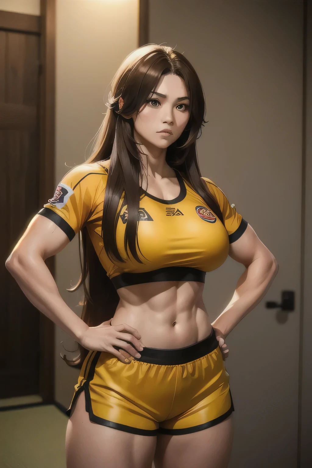 A woman, Japanese, brown long hair, dressed as a fighter, MMA, tall girl, muscular, yellow uniform, big breast, loose hair, covert in sweet, shorts, loose hair, short top, hands on hip