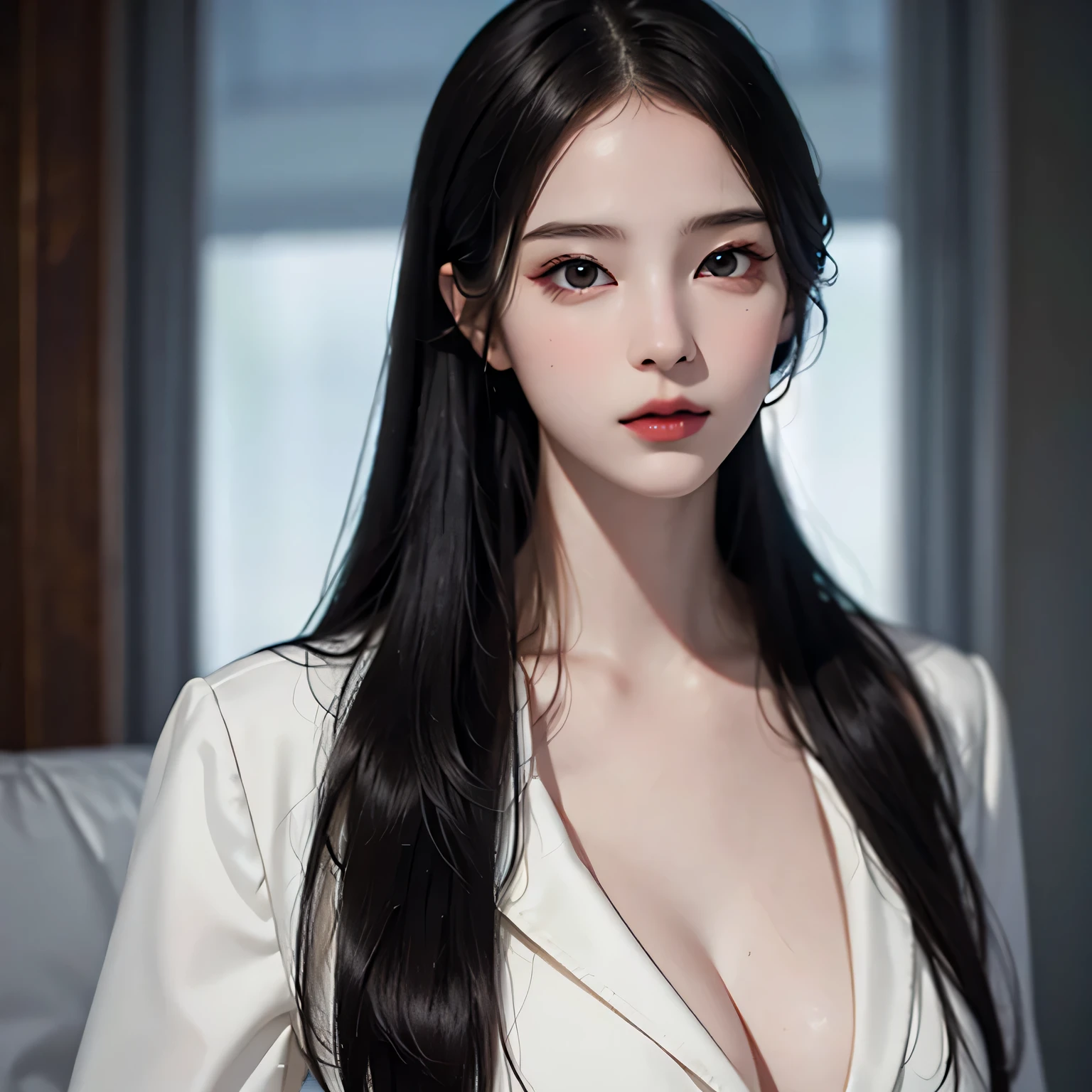 Beautiful girl with realistic black eyes, pale skin, medium length black hair, perfect face, perfect eyes, wearing a coat, very detailed, comprehensive movie, digital painting, 8K, cinematic lighting, highest quality, High resolution, Great job!, Post-processing, perfect result, surreal，(((revealing clothes)))，big breasts