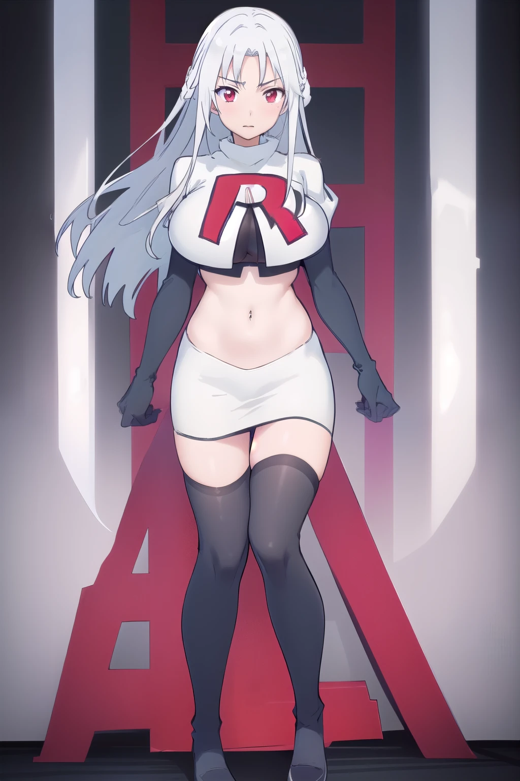 (masterpiece, best quality:1.2),illustration,8k,hd,1girl,solo,very_long_hair,large_breasts,red_eyes,white_hair,zettai_ryouiki,team rocket,team rocket uniform,white skirt,red letter R,crop top,black thigh-highs,black elbow gloves