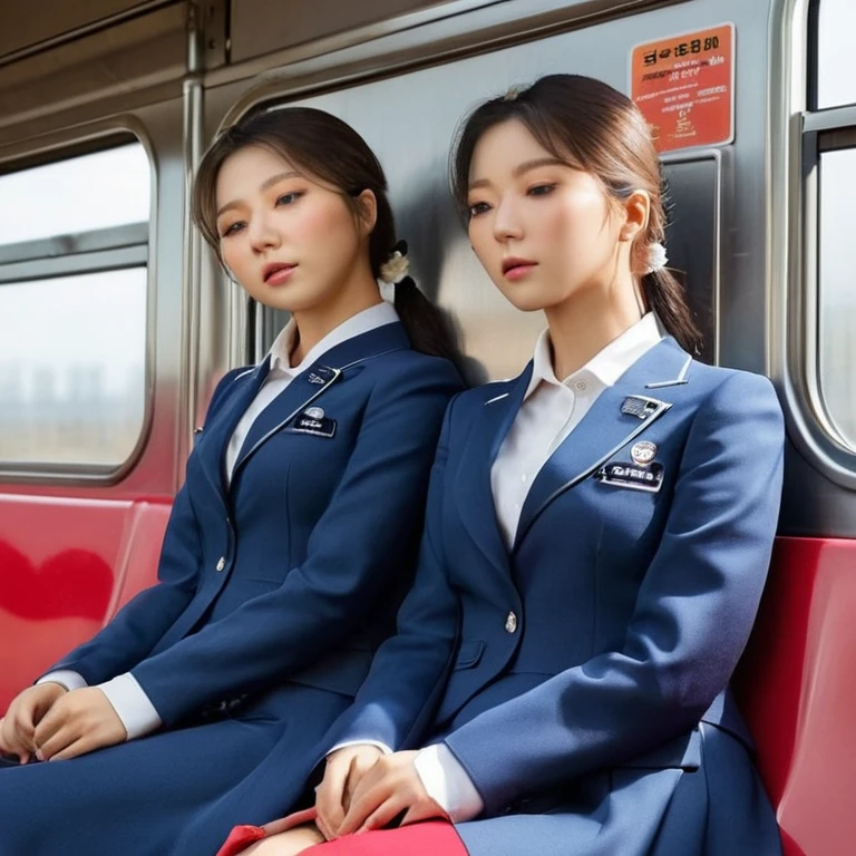 (high resolution, ultra-detailed, photorealistic), ((half body:1.4)) photo of sjang and her identical twin, ((different outfits:1.3)), leaning on each other, sitting in a train, beautiful, amazing