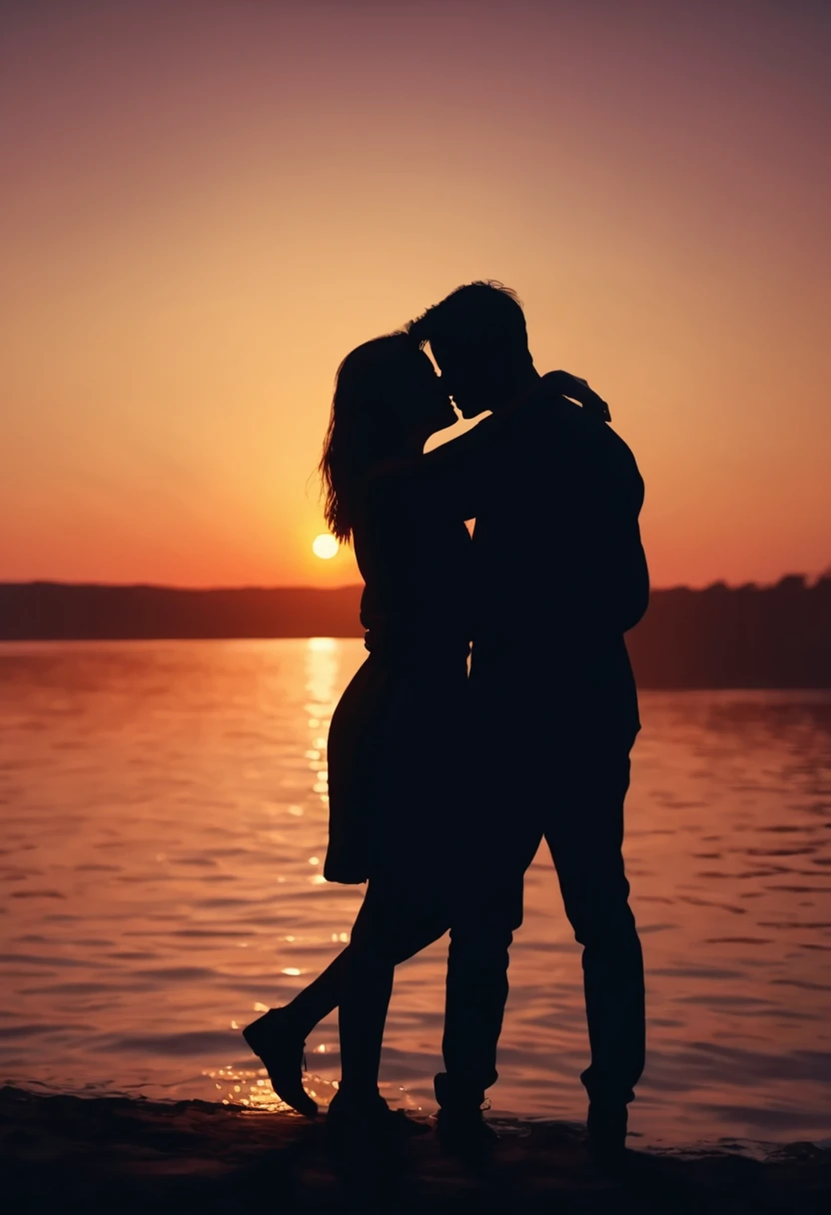 hyper realistic image of the dark silhouette of a couple, affectionately hugged at sunset, 8k resolution, cinematic lighting, raw photo, depht blur, oil painted style