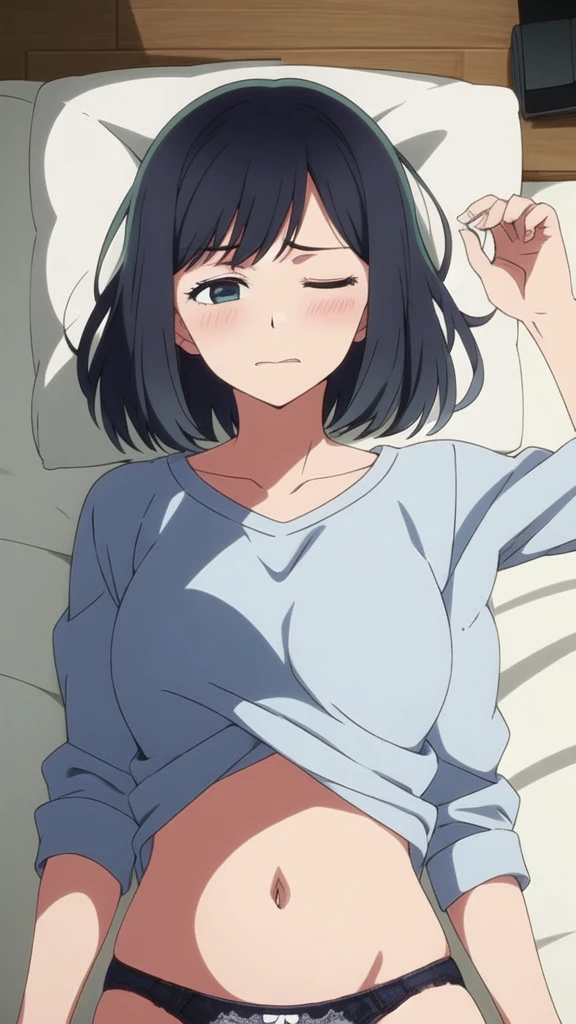 masterpiece, highest quality, , 1 girl, alone,Perfect beautiful light, looking at the viewer, Upper body, Depth of the bounds written, anime coloring book, , Kurokawa Akane, black hair,, Blu-ray,(( (One eye closed:1.5),)),((open your mouth)),Lying on your back on the floor, troubled expression,((open your mouth:1.5)),exposed chest,Fully open white shirt,exposed chest,Medium chest,((perfect nipples)),((lie in bed)),Perfect tummy,blush,Pale-white lace panties,Perfect slim thighs