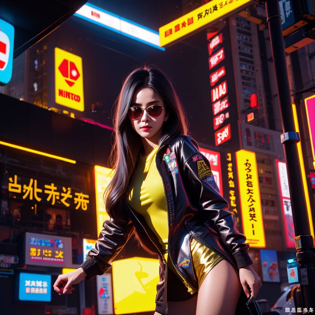 (masterpiece, best quality:1.2), 1girl, ((masterpiece, highest quality, Highest image quality, High resolution, photorealistic, Raw photo, 8K)), Retro Game, Nintendo, SEGA, Namco, Cyberpunk 1:25 miniatures，illustration，Side viewing angle，（（Side viewing angle）），Wear gold wire-rimmed reflective sunglasses，Carry future weapons，very happy，Side viewing angle，whole body，three-dimensional，octane rendering，Perfect face，Collagen texture