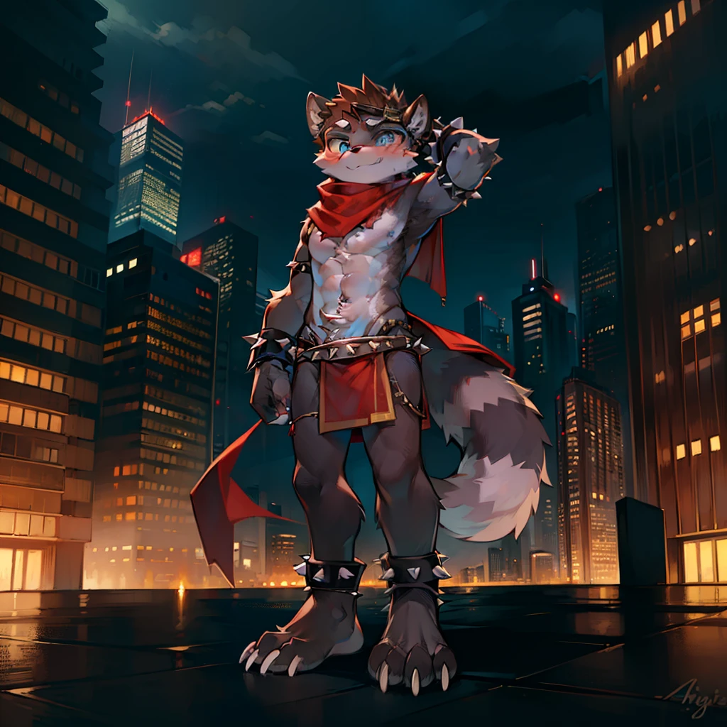 Furry, adult, grey raccoon, spiked brown hair, Detailed body fur, blue eyes, black loincloth, no underwear, tribal red cape, red scarf, goggles, metal cuffs on wrists, metal cuffs on ankles, standing, hands behind head, masterpiece, no blush, sly expression, gray body hair, Detailed face, big eyebrows, detailed eyes, Detailed body, No muscles, city skyline, Detailed hands, Flat body, Skinny, Claws have three toes, Claws have five fingers, Detailed paws, no shadow, high resolution