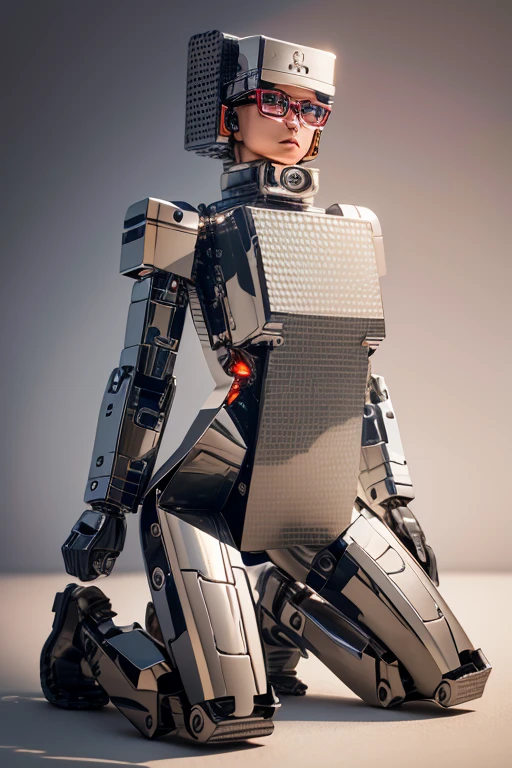 5 8K UHD、A mechanical beauty in a silver metallic body wearing glasses is kneeling、A silver metal robot with shiny skin