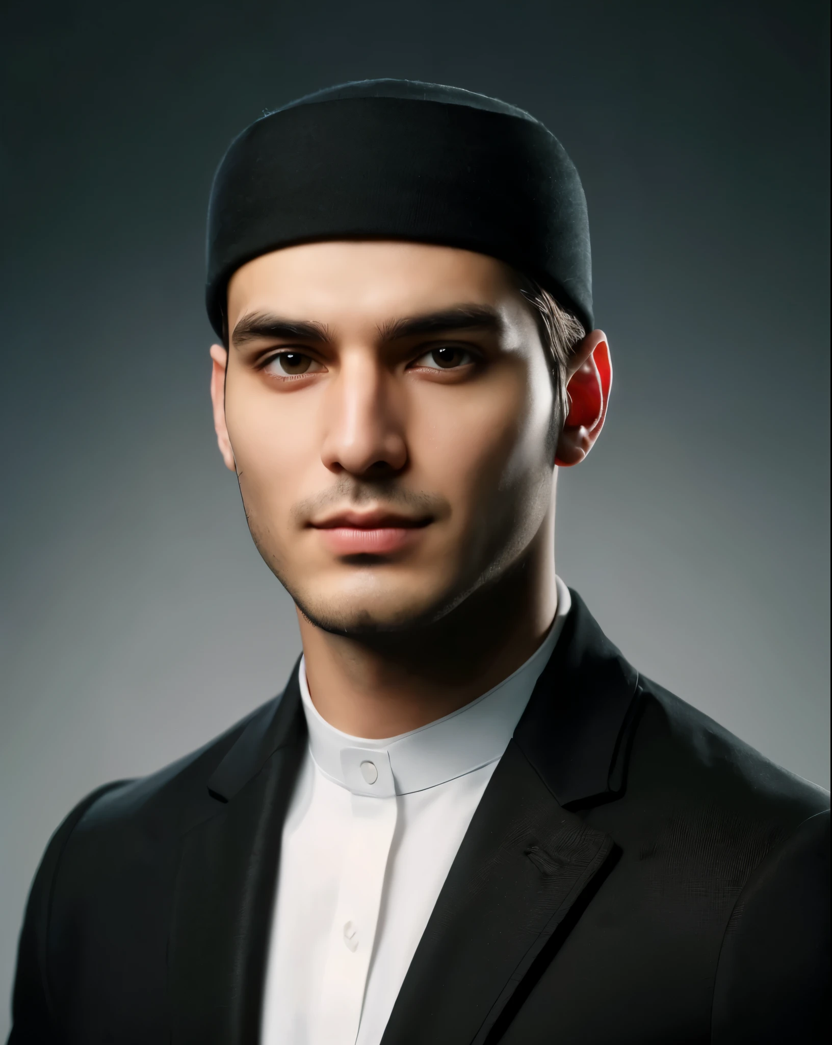 (full body, detailed face with clear eyes,nose,lips), (best quality,high definition,ultra-detailed,realistic), (dark background), (professional lighting,soft and warm), (vibrant colors,contrast), (no facial hair,no mustache,no beard), (Muslim man,black skull cap,black blazer,white shirt).