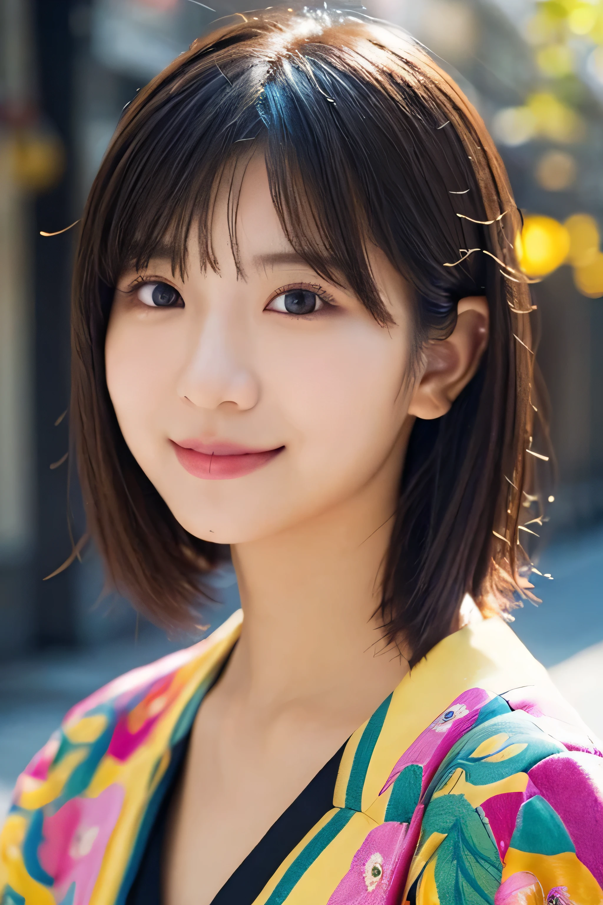 1 girl, (Wearing an idol costume:1.2), Very beautiful Japan idols、((Upper body from the waist up、Upper body:1.2))
(Raw photo, highest quality), (realistic, Photoreal:1.4), (masterpiece),
very delicate and beautiful, very detailed, 2k wallpaper, wonderful, finely, very detailed CG Unity 8k wallpaper, Super detailed, High resolution, soft light,
beautiful detailed girl, very detailed目と顔, beautifully detailed nose, finely beautiful eyes, cinematic lighting,
(Simple background in bright colors:1.3),
(short hair), (parted bangs),
complete anatomy, slender body, Normal firm breasts, smile