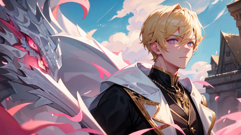 handsome boy, blonde hair, pink eyes, white and black royal clothes, dragon behind him, 8k resolution, sky