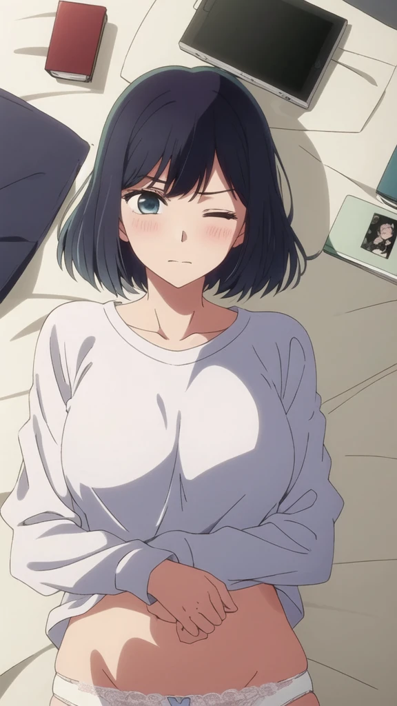masterpiece, highest quality, , 1 girl, alone,Perfect beautiful light, looking at the viewer, Upper body, Depth of the bounds written, anime coloring book, , Kurokawa Akane, black hair,, Blu-ray,(( (One eye closed:1.5),)),((open your mouth)),Lying on your back on the floor, troubled expression,((open your mouth:1.5)),exposed chest,Fully open white shirt,exposed chest,Medium chest,((perfect nipples)),((lie in bed)),Perfect tummy,blush,Pale-white lace panties,Perfect slim thighs