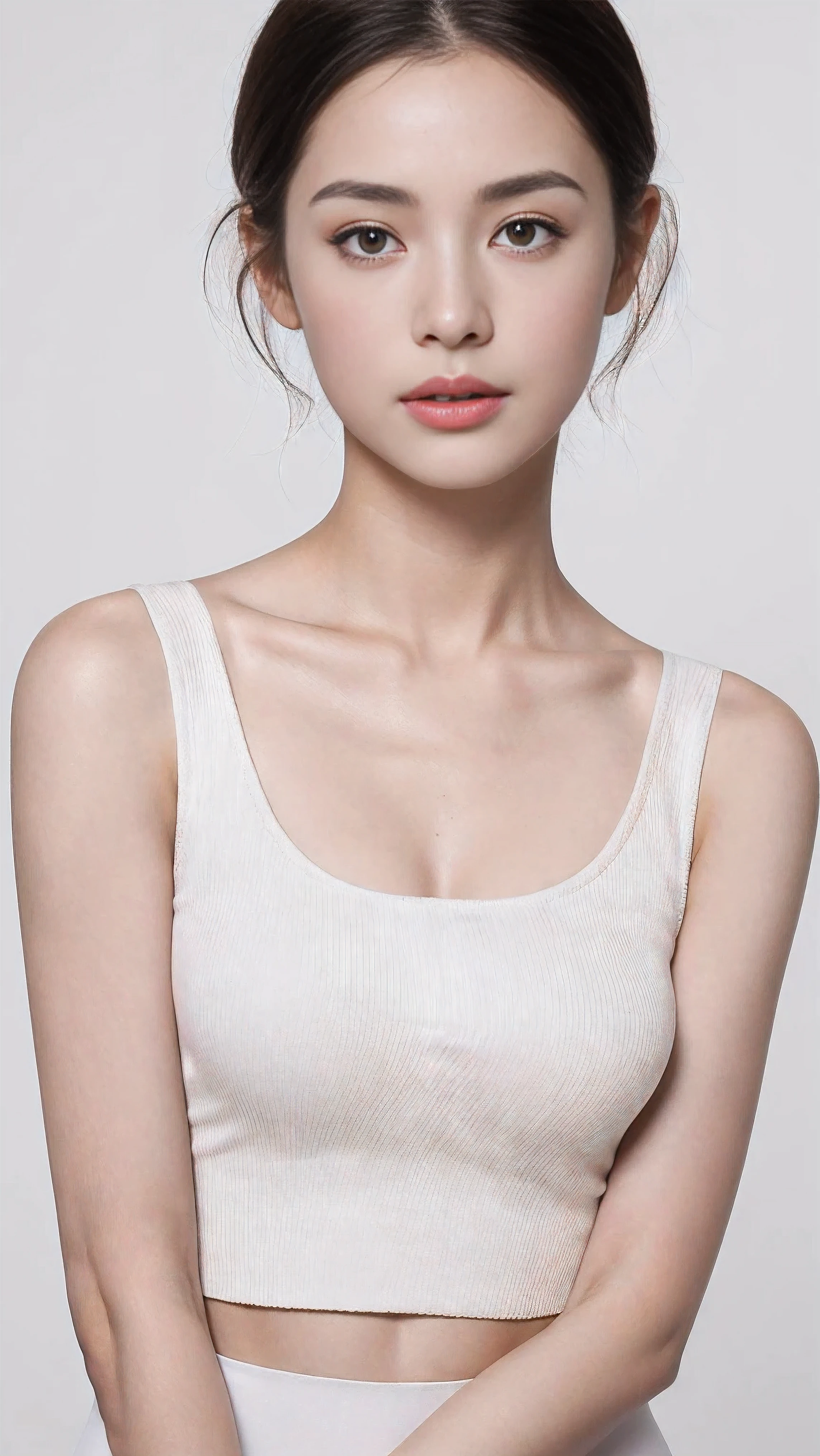 ((top-quality、8K、masterpiece: 1.erfect Body Beauty: 1.4、Slender Abs: 1.2、Beautiful woman with slender abs:1.3、(Highlight Haircutreast B Cup:1.2), medium breast, round shape breast, perfect shape breast, she is meditation in lotus position , ((white, transparent, loose sleeveless tank-top, wide neck, black straps,)) ((bra straps)) necklace, hyperdetailed face、18year old、 Pretty women、(Dark brown short-cut hair), Slim Face、Highly detailed facial and skin texture、very detailed lips、opens legs、top-quality、masterpiece、超A high resolution、(Photorealsitic:1.4), long shot , gray background, studio light setup, portrait photo, stand straight facing camera, equal body, equally shoulder,