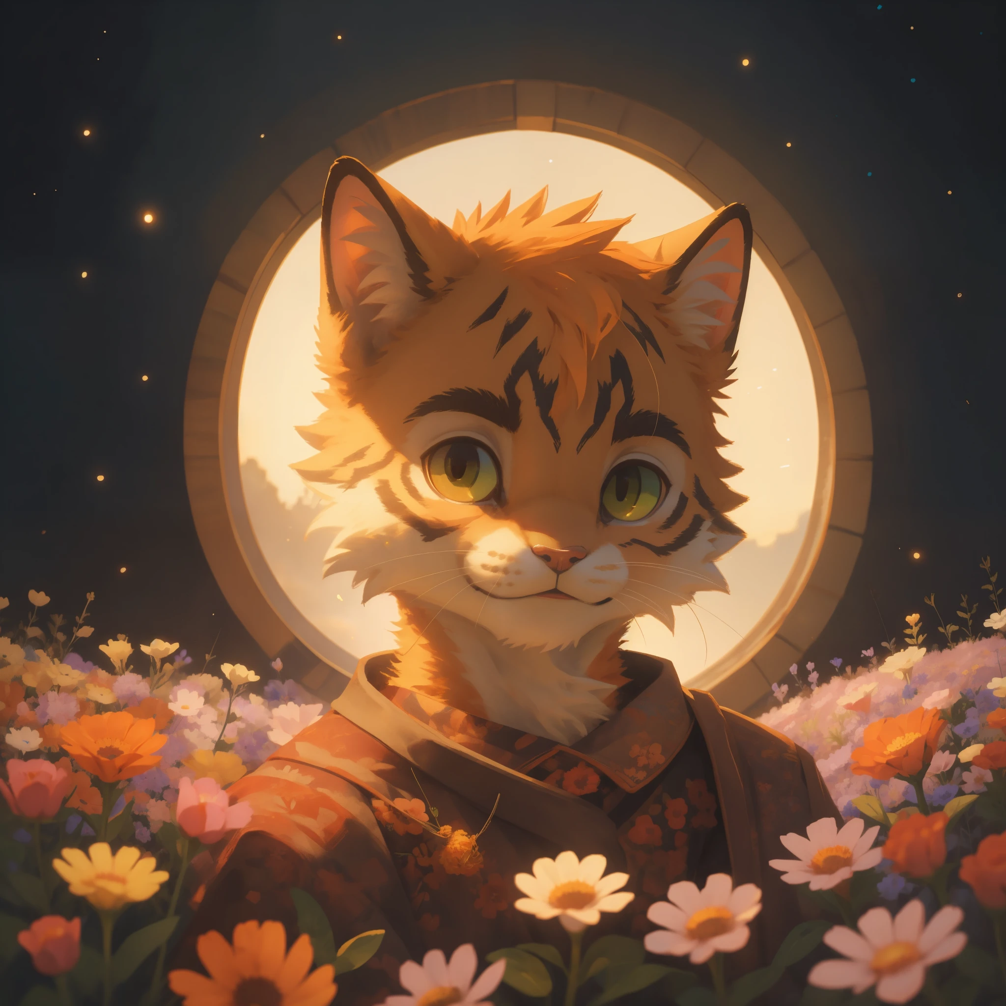 Masterpieces,official art,furry,male,shota,Anthropomorphic cat, (Orange fur), (cub),Delicate face,Luminous yellow-green eyes,no hair, depth of field, perfect lighting, light particles,(best quality),(masterpiece),(ultra detailed),sharp focus,light particles. As a wanderer, field of flowers
