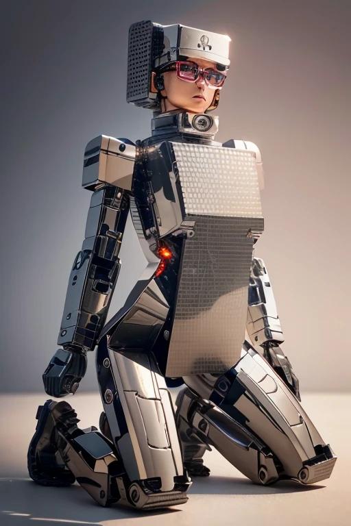 5 8K UHD、A mechanical beauty in a silver metallic body wearing glasses is kneeling、A silver metal robot with shiny skin