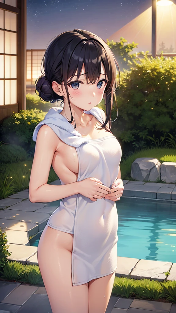 (​Masterpiece、top quality、high resolution、8k wallpaper、Photorealistic、real skin:1.1)、1 japanese girl、solo、Full body female love、(boobs are small:1.5)、beautiful breasts、huge breasts:1.4，plump breasts，Not wearing、(naked towel:1.5)、Wet towel、Transparent towel、single bun、beautiful eyes、shining eyes、Embarrassment comes from、Sweaty、turf、standing、Open-air bath at night、National Science Foundation