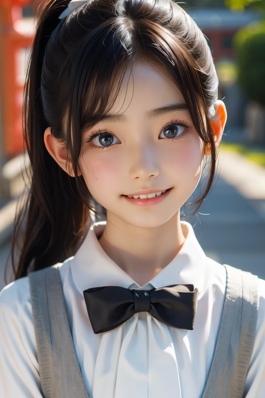 (Beautiful Japan woman), cute face, (deeply carved face:0.7), (freckles:0.6), soft light,healthy white skin, shy, (serious face), thin, smile, uniform, ponytail