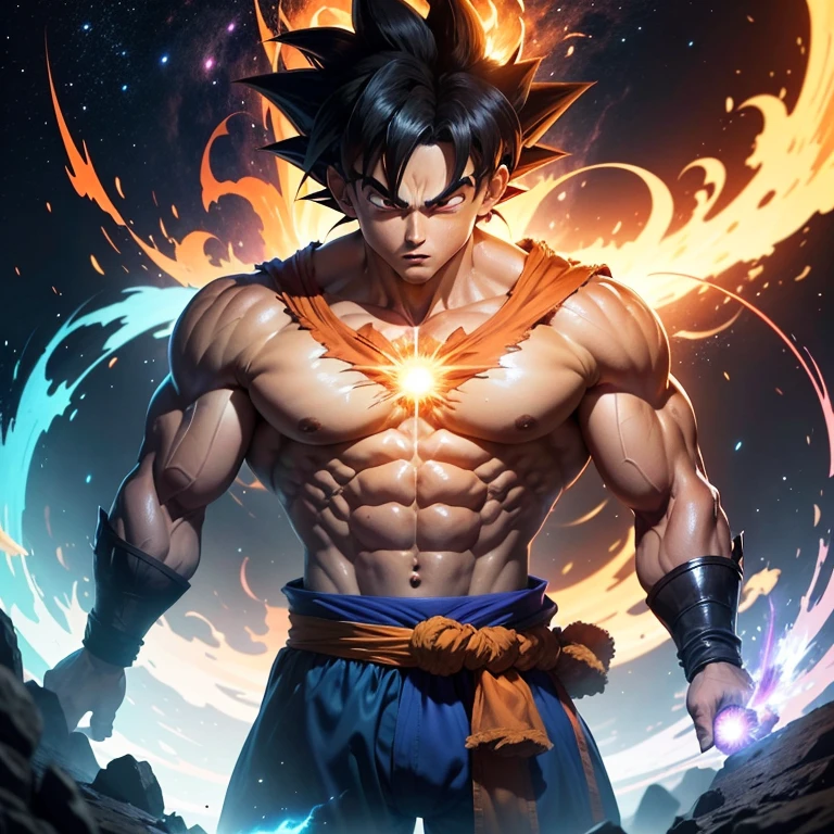 Goku faces off against the Supreme God, Dios, with a determined expression etched on his powerful features. His bright, piercing eyes are focused intently on his formidable opponent, while his muscles ripple beneath his tight, blue gi. Sweat drips from his brow as he preparas himself for the epic battle ahead. Dios, with his celestial aura and regal bearing, looks down at Goku with a calm and confident smile. The background is filled with the swirling energies of the cosmos, ready to bear witness to the clash of these formidable beings.
