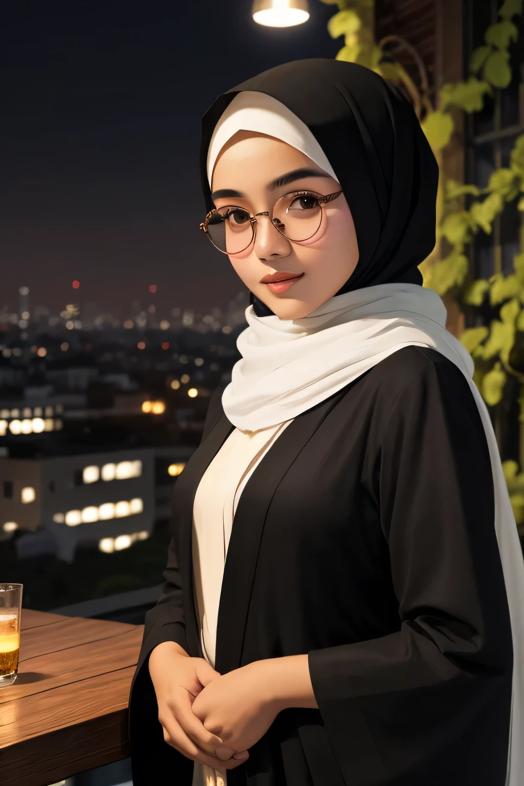 ((best quality)), ((masterpiece)), (detailed), perfect face close up half body photo of  18 year old white Indonesian woman with a sharp nose wearing round glasses wearing a black pashmina hijab and a long black robe in a modern style Standing in a roof top cafe at night with vines in the background