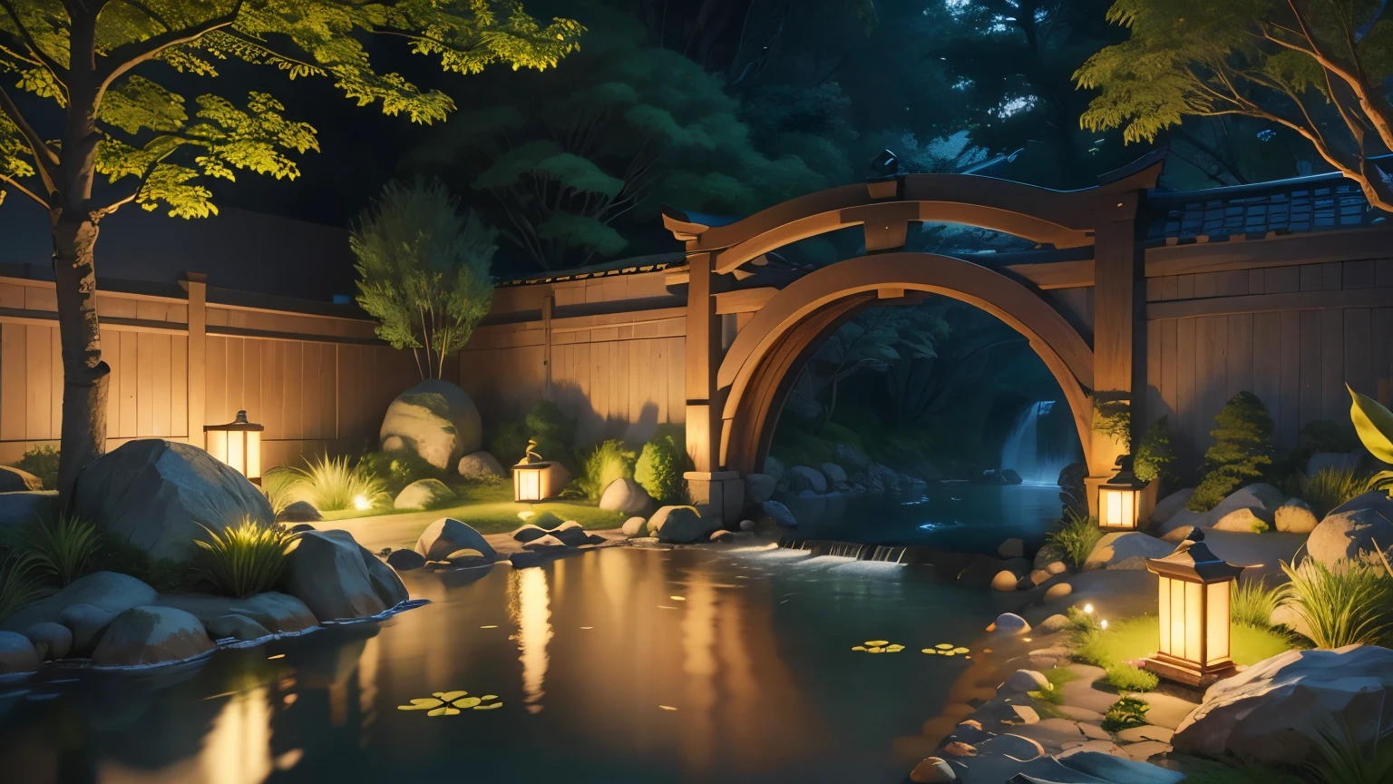 Japanese style garden, moon, midnight, garden, bamboo, lake, stone bridge, rockery, an archway, corner, wood, flow of water, landscape, outdoor, waterfall, Grass, rock, Water Lily, hot spring, water vapor, (shape: 1.0), great composition, realistic lighting, HD details, masterpiece, highest quality, (High-definition CG Unity 8K) - 6 o'clock'clock