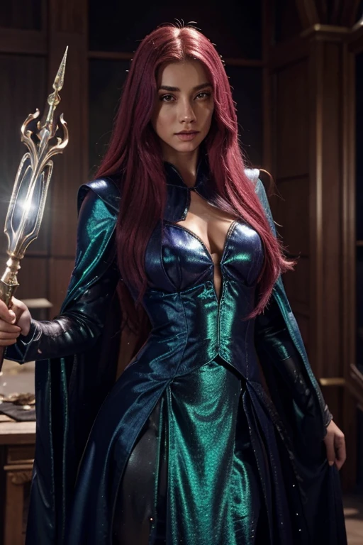 A wizard with a magic scepter, tem cabelos vermelhos e pele rosa e olhos verdes brilhantes, com roupas sensuais na cor preta