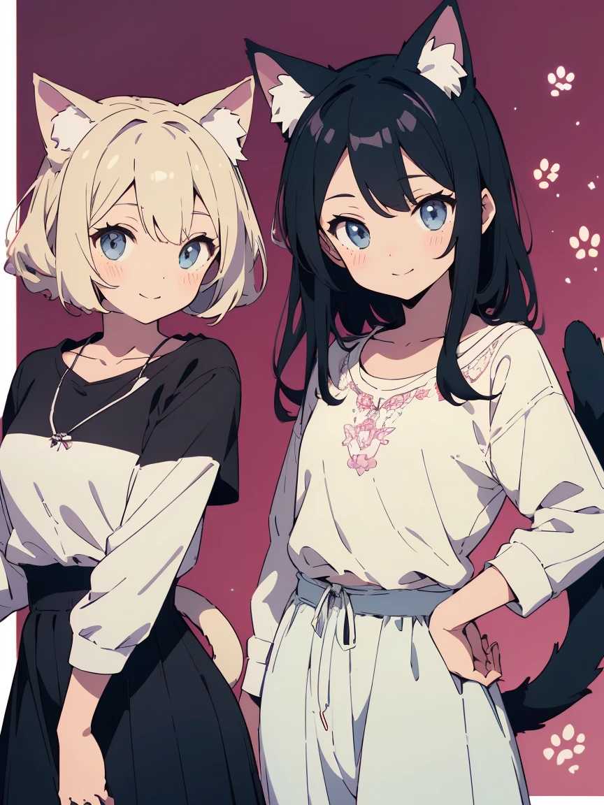 ((highest quality、masterpiece、High resolution、detailed)), beautiful anime、((two cute girls)), (dog ears),(Cat ear)、(tail)、 looking at the viewer, smile, casual outfit,(Cute decorative background、simple background)