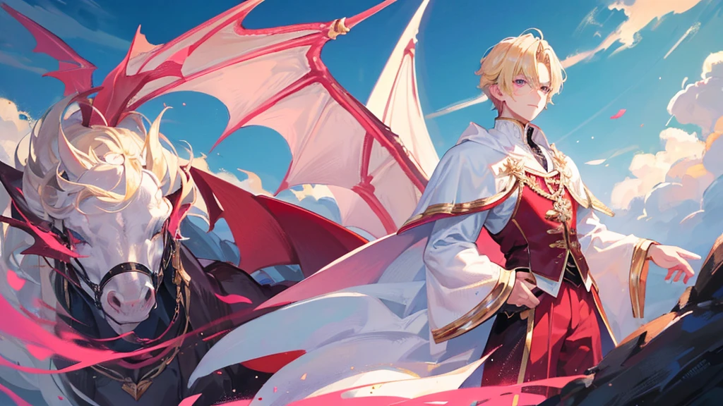 handsome boy, boy with blonde hair, pink eyes, white and black royal clothes, dragon behind him, 8k resolution, sky
