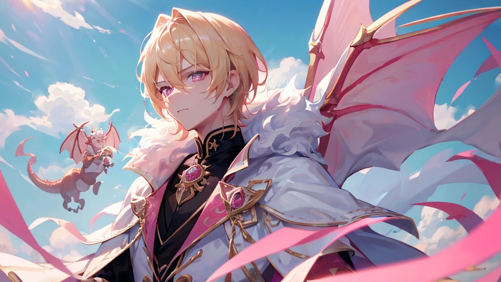 handsome boy, boy with blonde hair, pink eyes, white and black royal clothes, dragon behind him, 8k resolution, sky