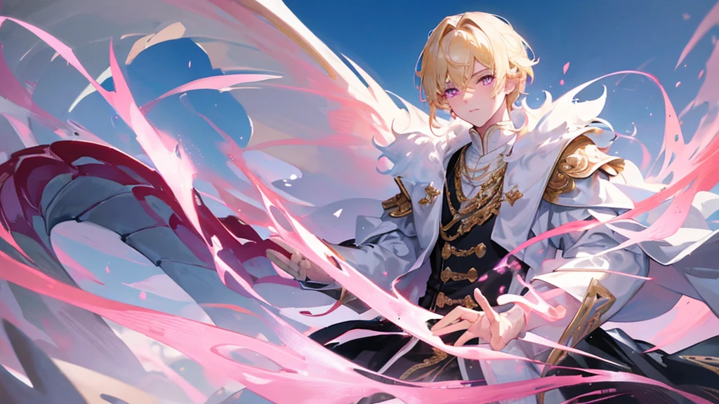 handsome boy, boy with blonde hair, pink eyes, white and black royal clothes, dragon behind him, 8k resolution, sky