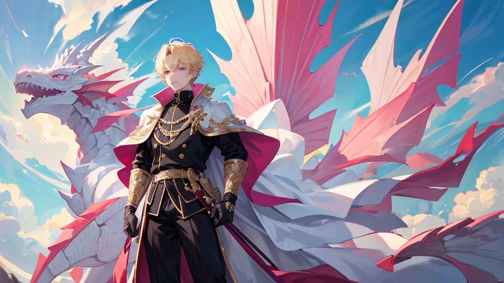 handsome boy, boy with blonde hair, pink eyes, white and black royal clothes, dragon behind him, 8k resolution, sky
