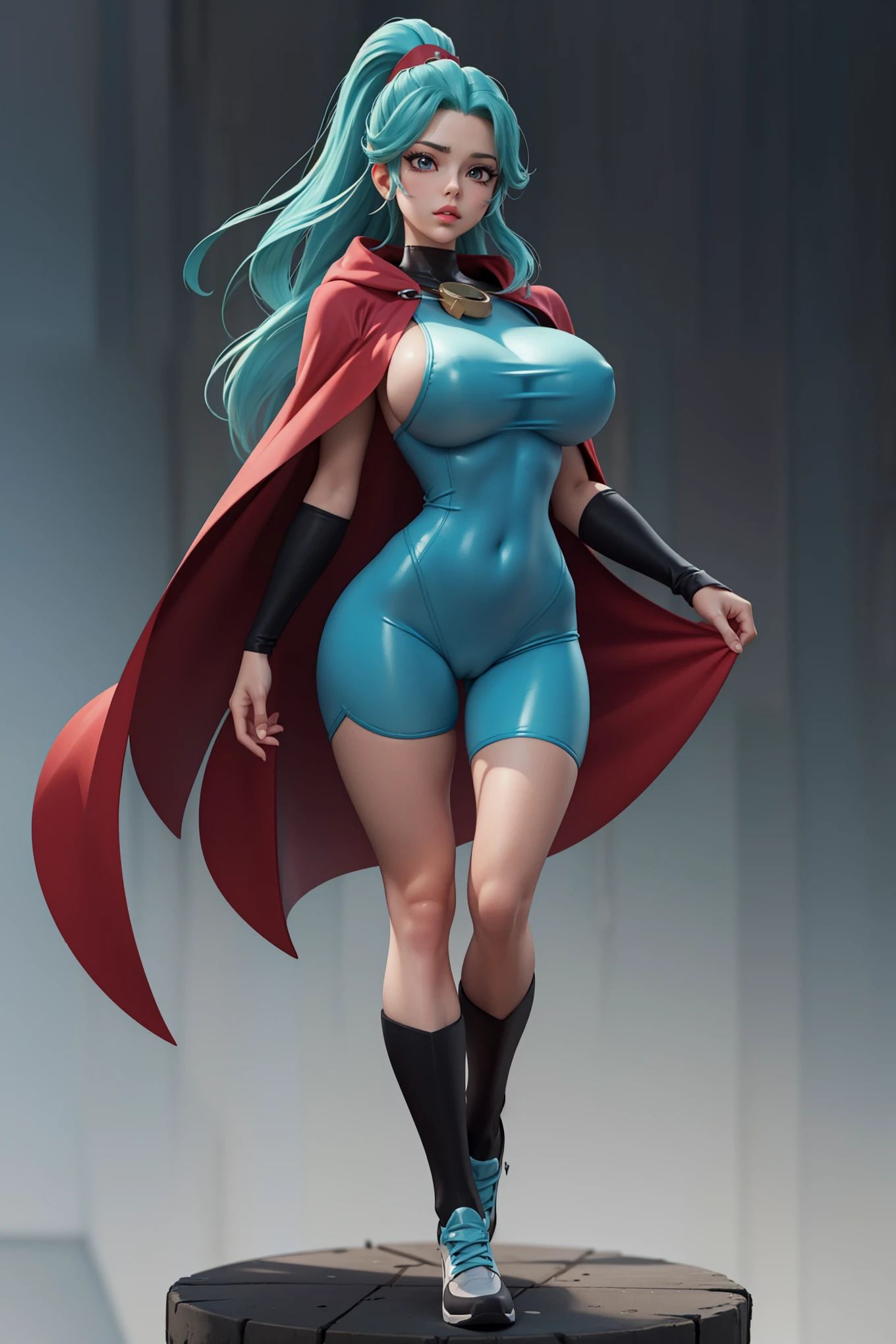 Generate an illustration of a mature female, futuristic,  Captain, Pokemon gym trainer,  ponytail, holding a poke all,  de terno preto, long hair, hair flows straight down, darkblue hair, (gigantic breasts:1.4), blue leotard outfit in anime format with a serious style, (black cape), blue boots, gothic make up, masterpiece, ((dark lighting)), black background, (((puffy lips))),slendered abs, beautiful cute face,