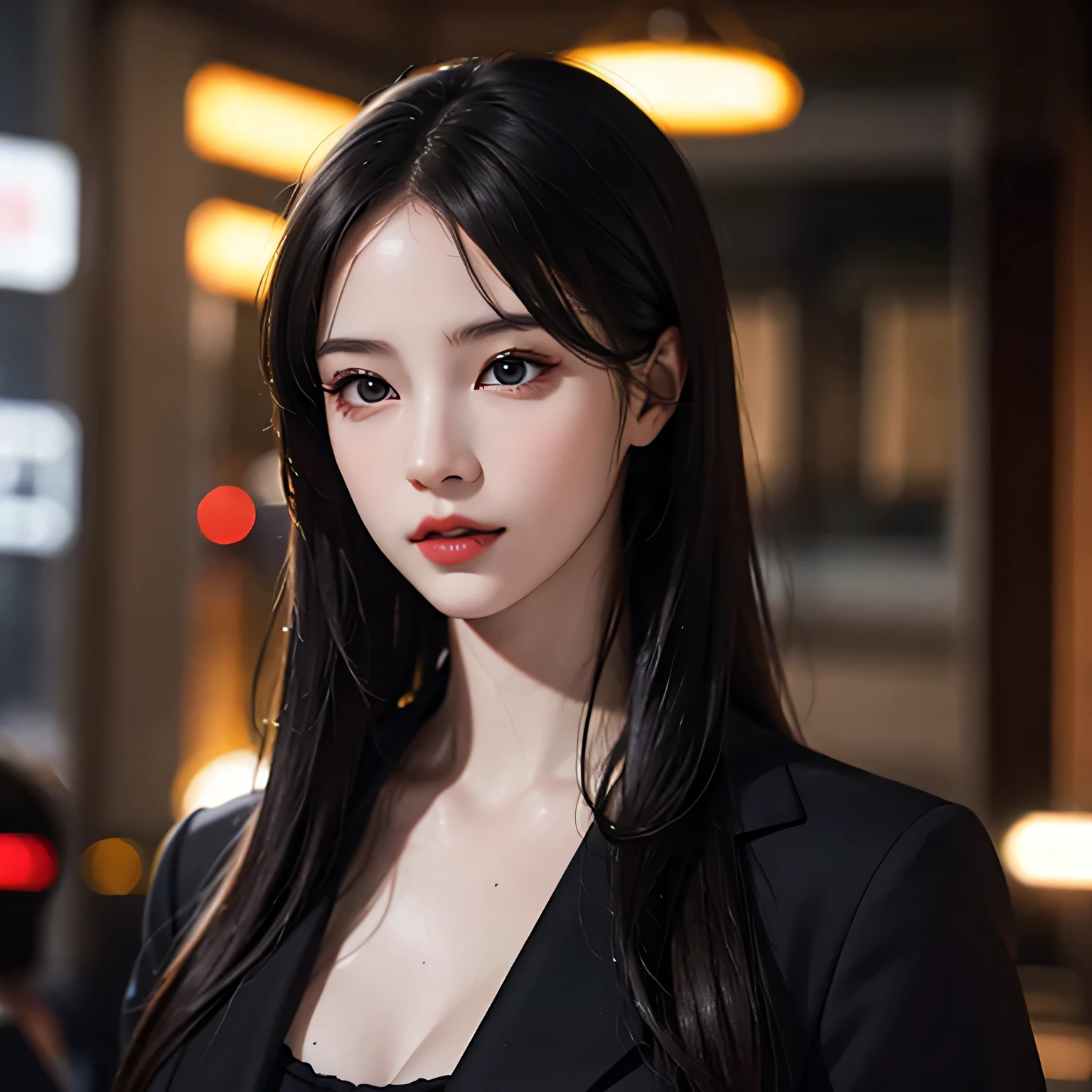 Beautiful girl with realistic black eyes, pale skin, medium length black hair, perfect face, perfect eyes, wearing a coat, very detailed, comprehensive movie, digital painting, 8K, cinematic lighting, highest quality, High resolution, Great job!, Post-processing, perfect result, surreal,(((revealing clothes))),big breasts