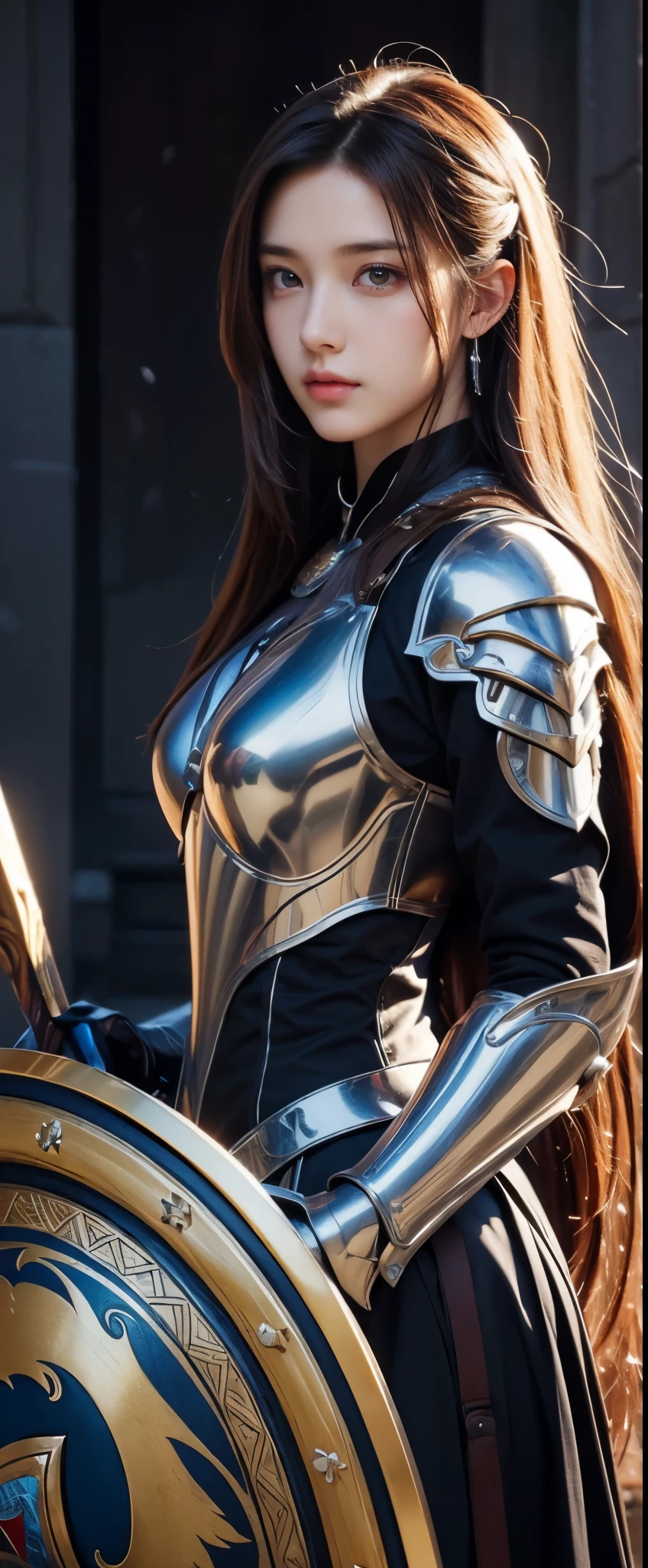 Beautiful Knight, long hair, perfect face, holding shield, medium shot, (masterpiece, top quality, best quality, official art, beautiful and aesthetic:1.2), (1girl), extremely detailed, colorful, highest detail, perfect face, HDR, (perfect anatomy)
