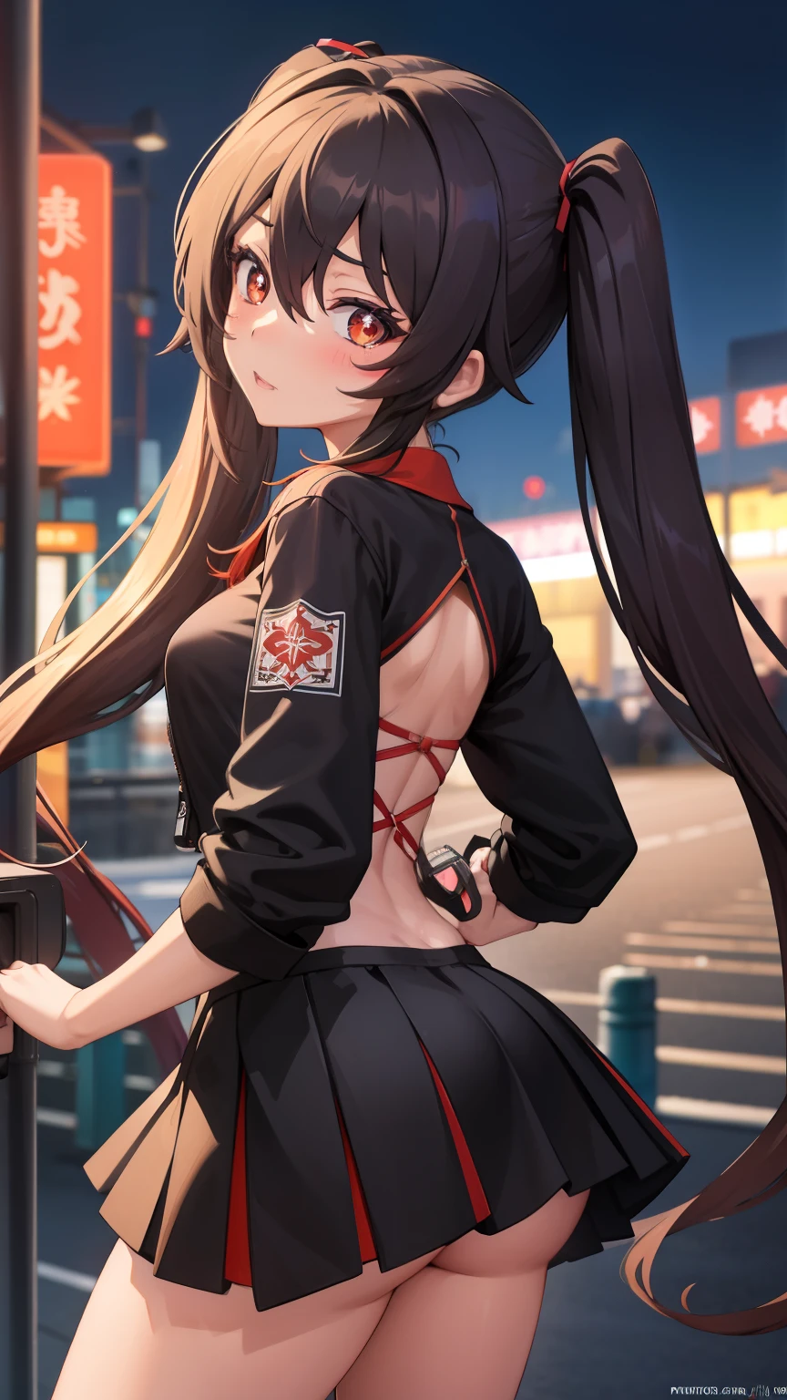 masterpiece, best quality, HuTaoV4, 1girl, solo, blush, twintails, long hair, hair between eyes, ((streetwear clothes)), city, outdoors, night, movie poster, extremely detailed 8K, smooth, high resolution, ultra quality, cinematic lighting, ambient occlusion, hd, 2k, 4k, 8k, 16k, extremely detailed anime, detailed faces, perfect composition, wide shot, atmospheric lighting, very sexy, lift skirt, random low back angle, uncensored, nsfw, sin censura